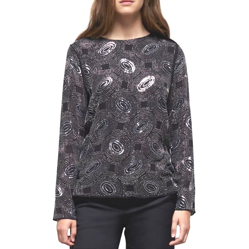 The Kooples Galaxy Rhinestone Long Sleeve Crewneck Top Black Silver US ^